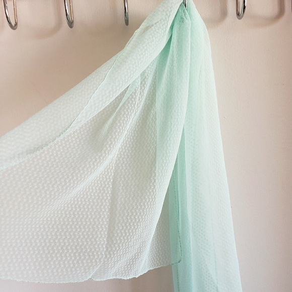 Tiffany Colored Silk Satin Check Pattern Neck Scarf Aquamarine Boho Sheer NWOT - Picture 3 of 6